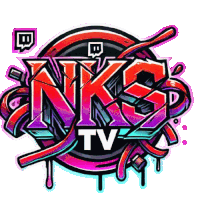 a colorful logo for nks tv with a twitch logo in the background