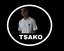 a drawing of a man in a white shirt with the name tsako