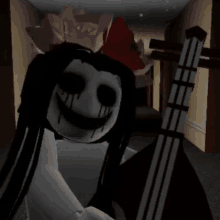 a cartoon character is holding a guitar and smiling in a hallway .