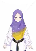 a girl wearing a purple and yellow hijab and a white shirt