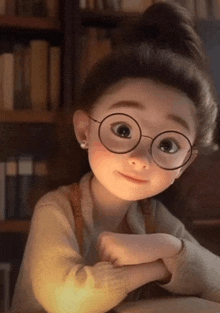 a cartoon girl wearing glasses and earrings is sitting at a table .