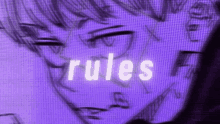 a purple background with a drawing of a person and the word rules