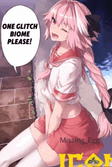 a pink haired anime girl says one glitch biome please in a speech bubble