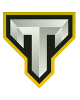 a black and yellow logo with a silver t in the middle