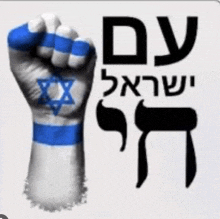 a fist with a star of david painted on it with hebrew writing below it