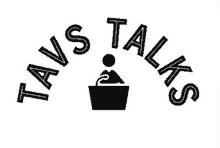 a black and white logo for tavs talks with a man behind a podium