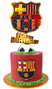 a birthday cake with a fcb logo and a soccer ball