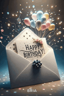 an envelope with balloons and a card that reads happy birthday