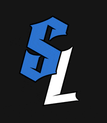 a blue and white logo with the letter l on a black background