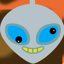 a cartoon drawing of a grey alien with blue eyes and yellow teeth