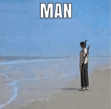 a man with a sword is standing on a beach with the word man written above him