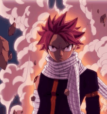 a fairy tail character with red hair and a scarf is standing in front of a cloud of smoke .