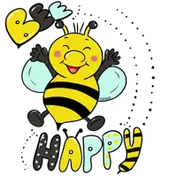 a cartoon of a bee with the words bee happy below it