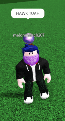 a roblox character named hawk tuah has a purple hat on his head