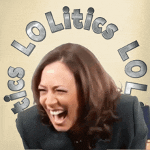 a woman is laughing in front of a sign that says lolistics lol