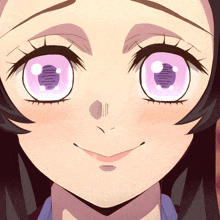 a close up of a girl with pink eyes