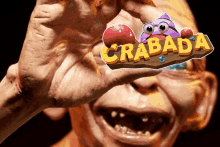 a man holding a sign that says crabada