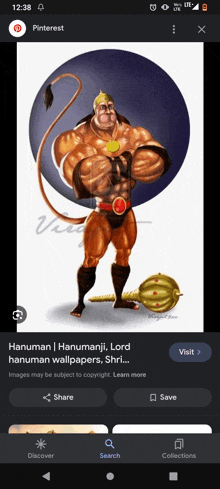 a phone screen shows a cartoon of hanuman holding a hammer