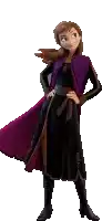 anna from frozen is standing with her hands on her hips and wearing a purple cape .