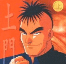 a cartoon of a man with a mohawk and chinese writing on the background .