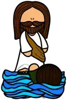 a cartoon drawing of jesus holding a child in his arms