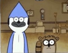 two cartoon characters standing next to each other in a room with a clock on the wall