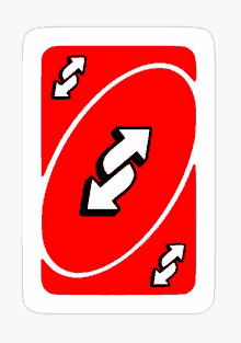 a red uno card with two arrows pointing in opposite directions on it