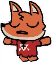 a cartoon fox wearing a red shirt with a cross on it is sleeping .