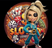 a cartoon girl is standing in front of a sign that says ' sloto memec '