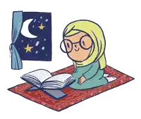 a cartoon of a woman wearing glasses reading a book on a rug