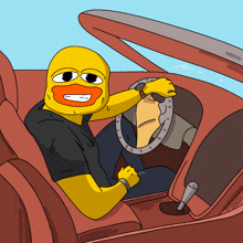 a cartoon drawing of a man driving a car with a yellow duck on his head