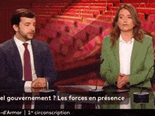 a man and a woman are sitting at a table with microphones and the words el gouvernement les forces en presence in the corner