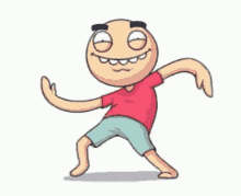 a cartoon man in a red shirt and blue shorts is dancing and smiling .