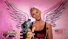 a woman holding a gun in front of a sign that says florida on it