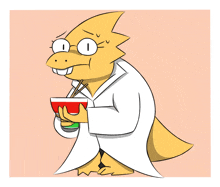 a cartoon drawing of a yellow lizard holding a bowl of food with chopsticks