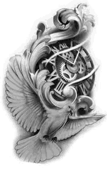 a black and white drawing of a bird and a clock with roman numerals .