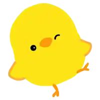 a yellow chick with a black eye and orange feet