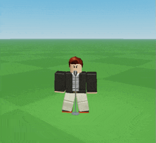 a roblox character is singing into a microphone in a field