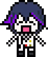 a pixel art drawing of a boy with purple hair and a checkered outfit .