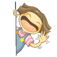 a cartoon girl is laughing and waving while peeking out from behind a wall