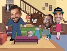 a cartoon of a family standing in a living room with a beaver head