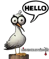 a cartoon seagull is standing on a post with a speech bubble that says hello