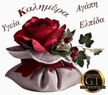 a red rose is wrapped in a linen bag with greek writing around it