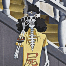 a skeleton with a bandana on his head is standing on a set of stairs holding a sword .