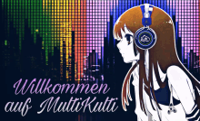 a girl wearing headphones with the words willkommen auf multikulti written on the bottom