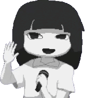 a black and white pixel art of a girl holding a microphone .