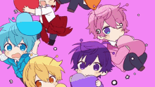 a group of anime characters are laying on a pink background holding hearts