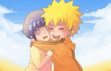 naruto and hinata are hugging each other and smiling .