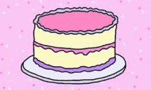 a cartoon drawing of a cake with pink frosting on a pink background .