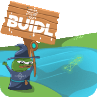 a cartoon of a frog holding a wooden sign that says build